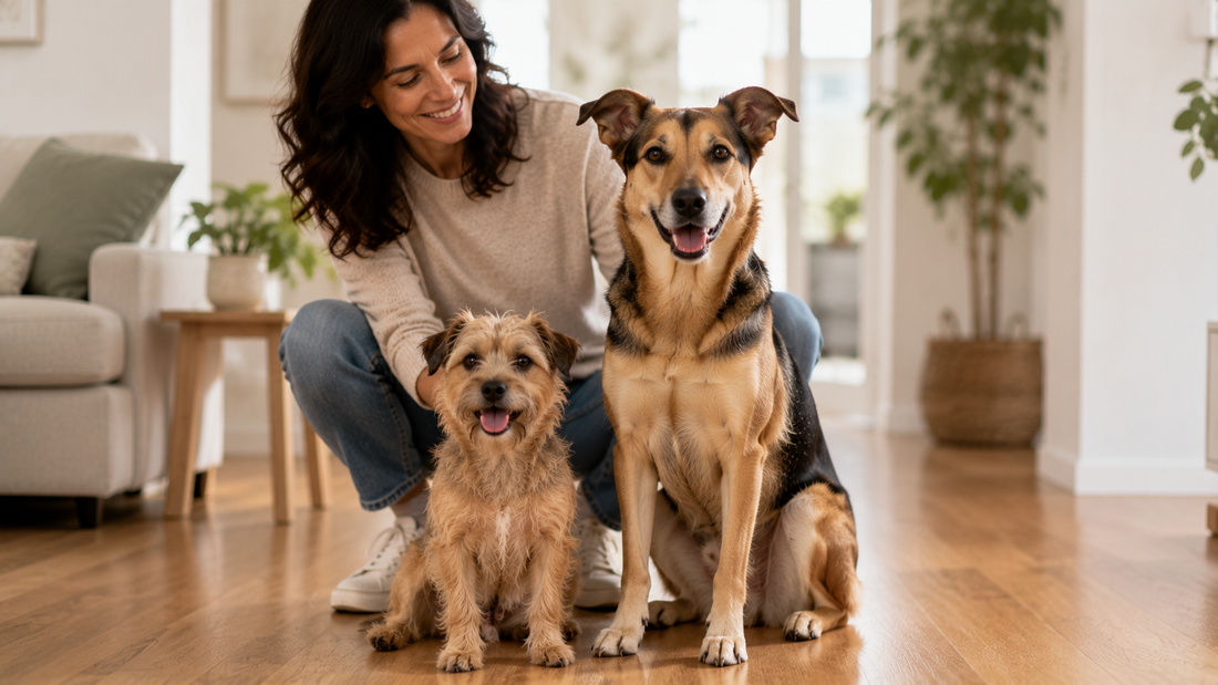 A dog owner with a terrier and a German shepherd at home, illustrating the difference between probiotics, prebiotics and postbiotics for dogs