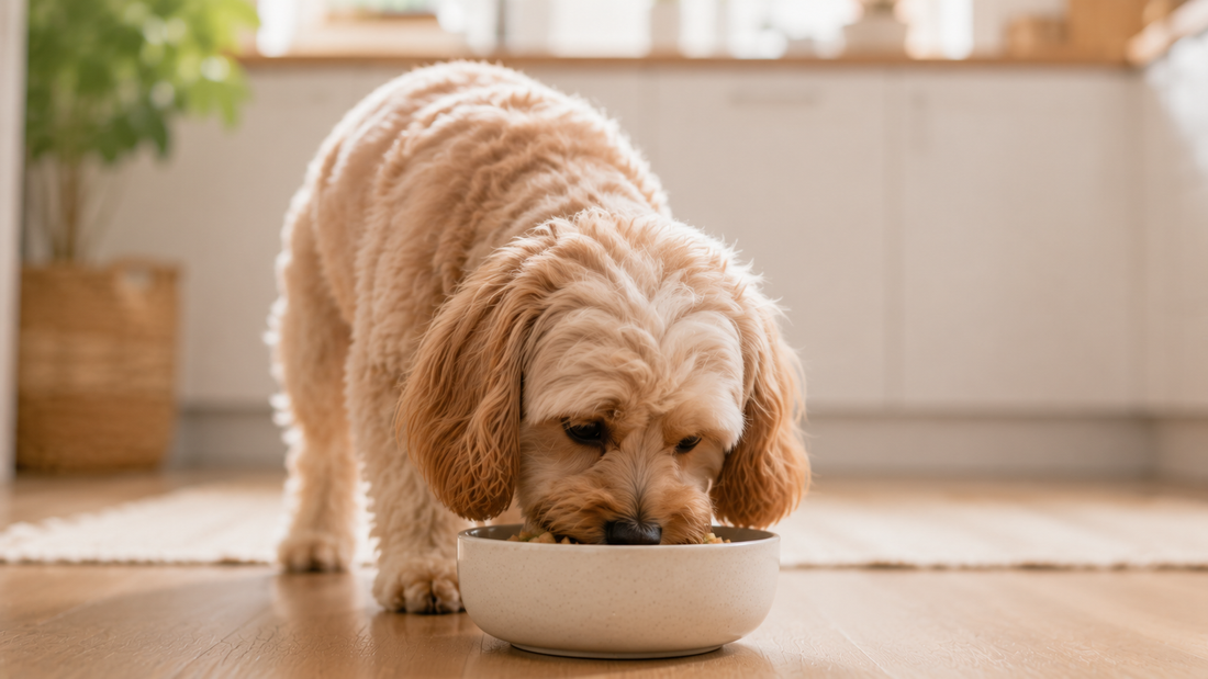 A dog with a sensitive stomach eating a gentle meal from a bowl in a home kitchen