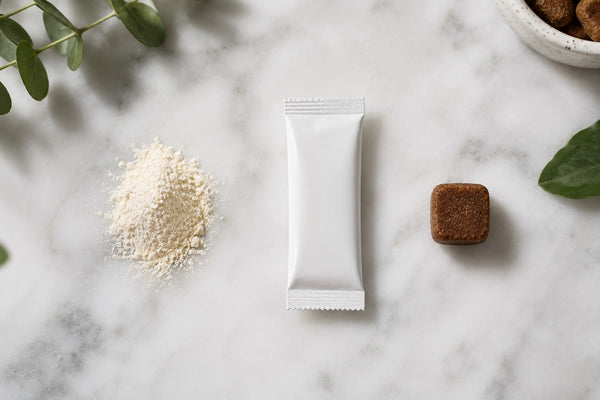 Three cat supplement formats side by side on marble: loose powder, single-serve sachet, and soft chew