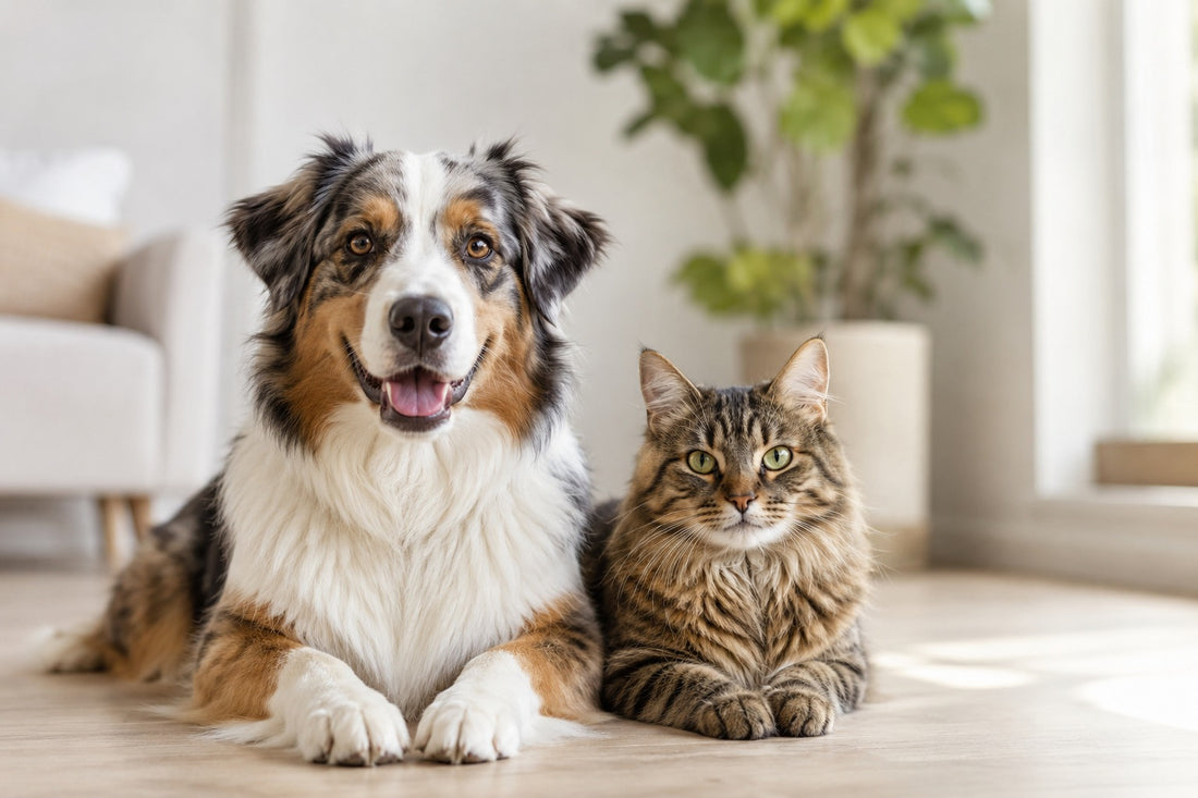 Healthy dog and cat sitting together
