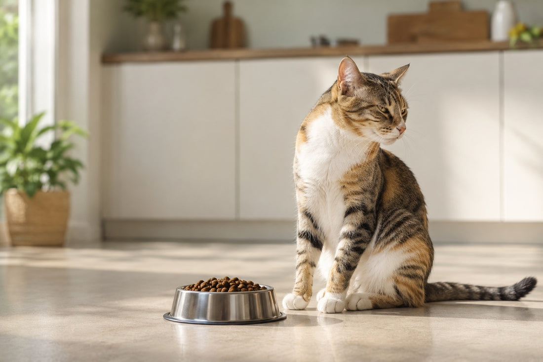 Picky cat turning away from its food bowl