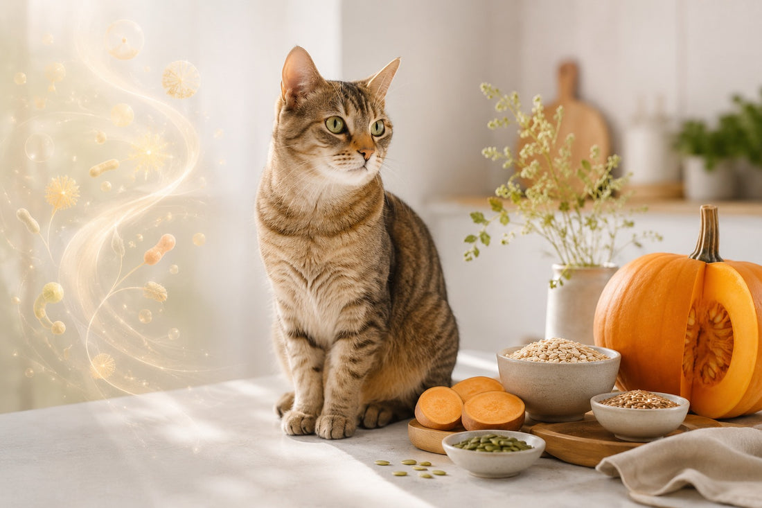 Cat beside prebiotic fiber foods and probiotic culture concept