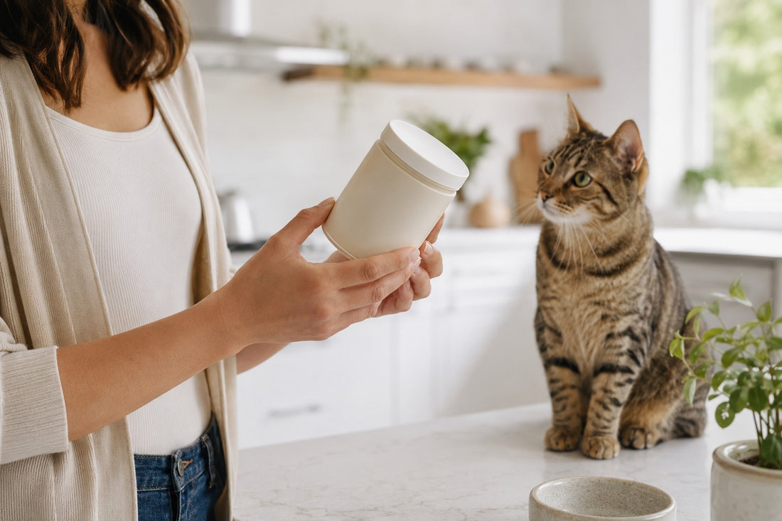 Reading an unbranded cat supplement label with curious cat nearby