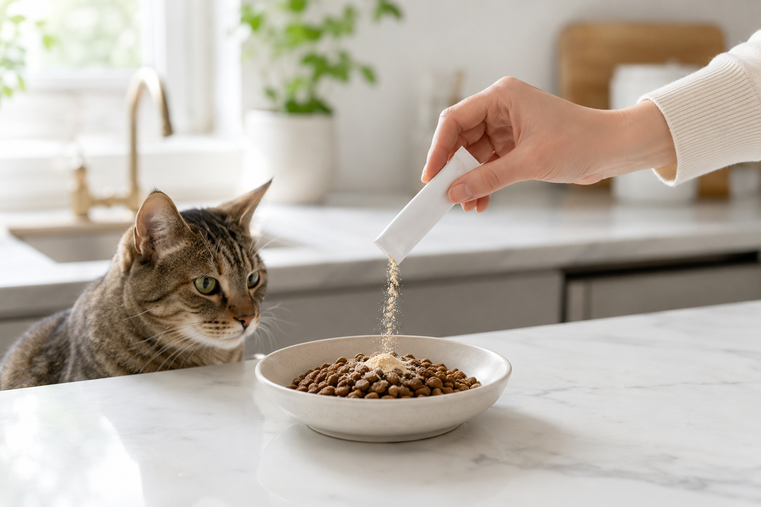 Powder supplement sprinkled on cat food