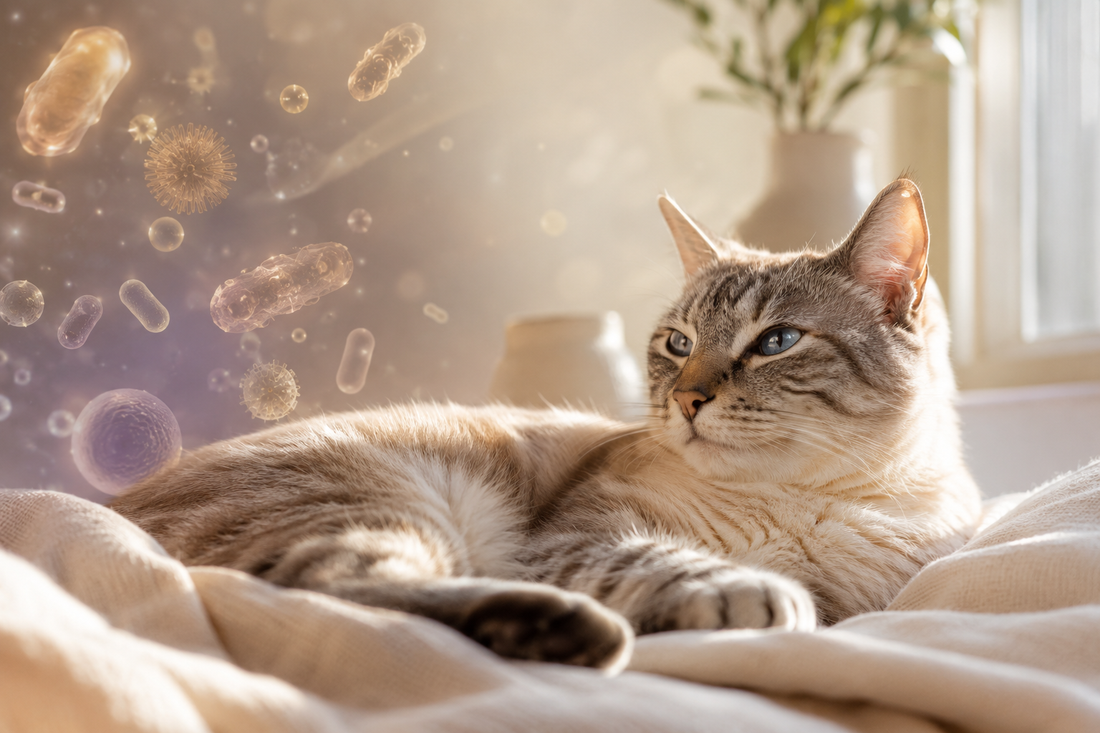Healthy cat resting, conceptual feline gut microbiome