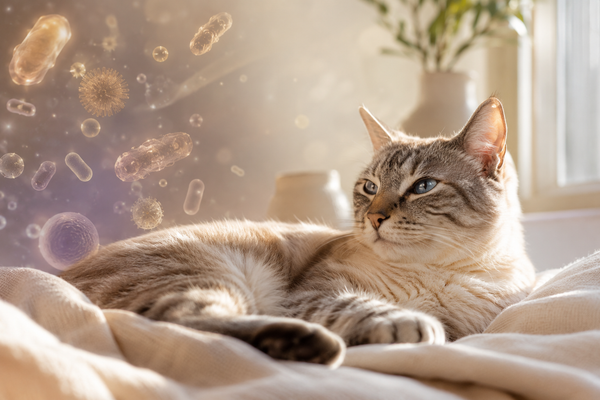 Healthy cat resting, conceptual feline gut microbiome