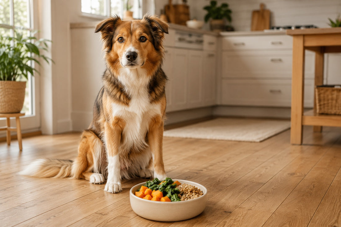 Dog beside a bowl of fiber-rich food