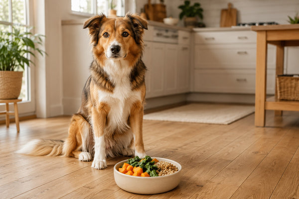 Dog beside a bowl of fiber-rich food