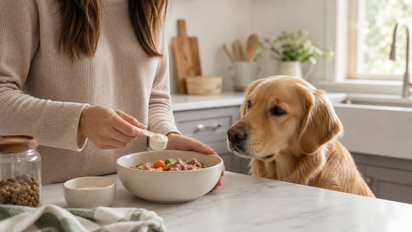 Pet parent comparing dog supplement options at home while a dog waits by its bowl, representing FortiFlora alternatives for dogs