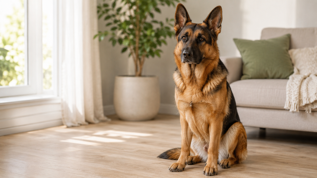 Black-and-tan German Shepherd standing alert on a grassy hillside in golden afternoon light