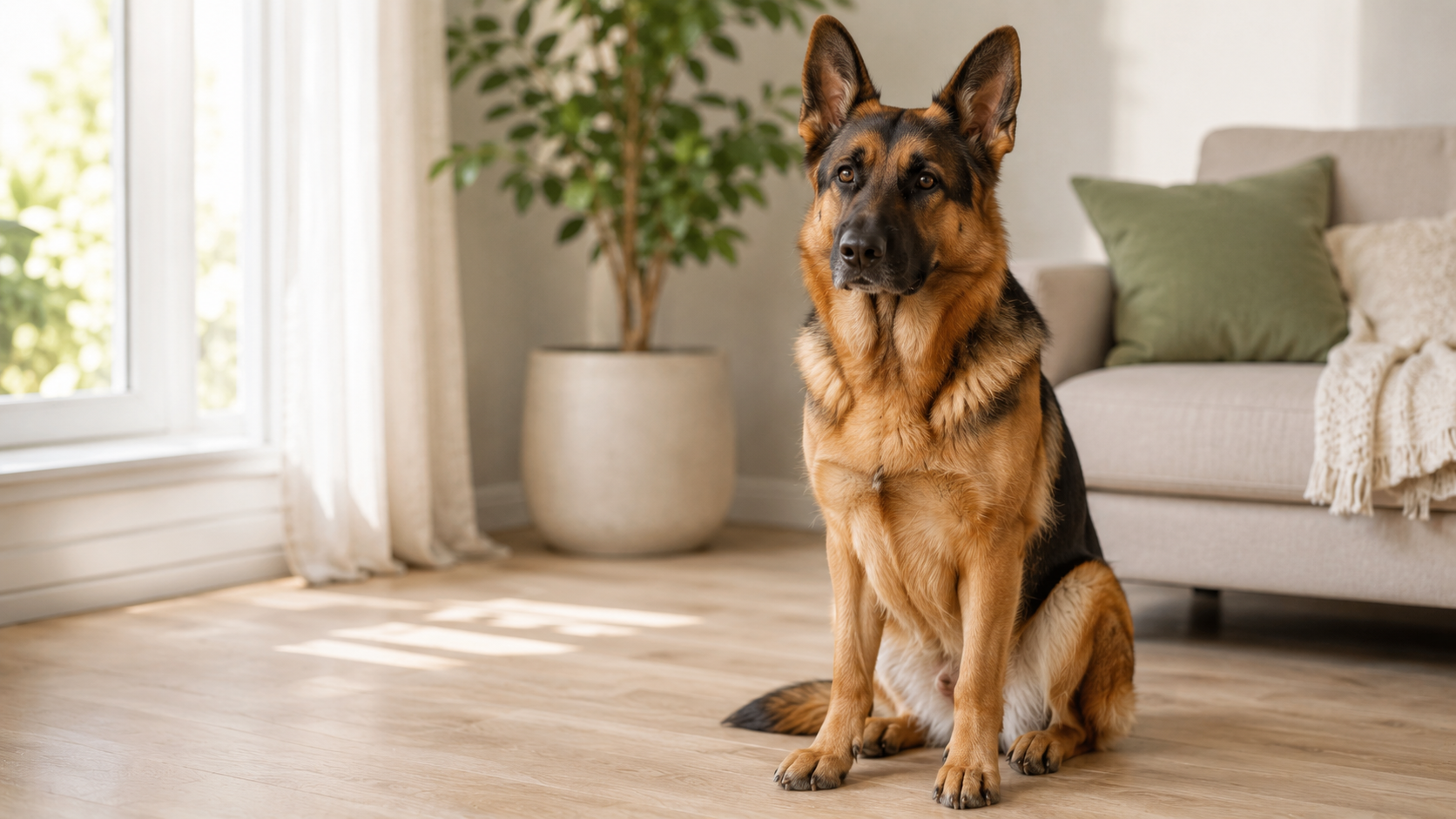 Black-and-tan German Shepherd standing alert on a grassy hillside in golden afternoon light