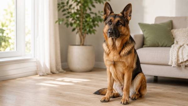 Black-and-tan German Shepherd standing alert on a grassy hillside in golden afternoon light