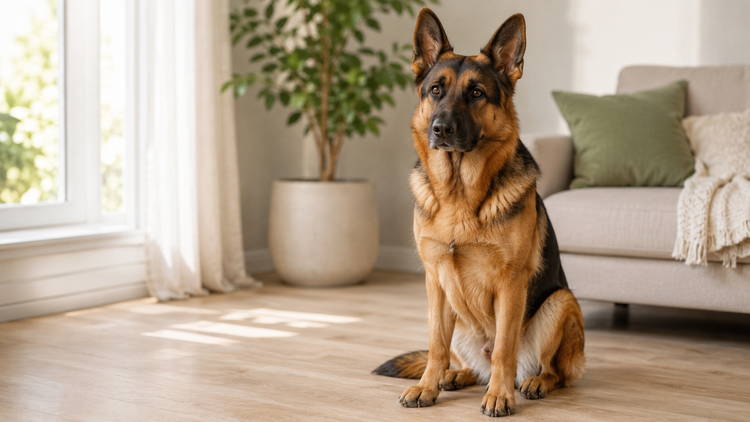 Black-and-tan German Shepherd standing alert on a grassy hillside in golden afternoon light