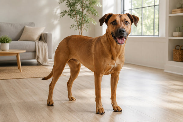 Healthy lean dog in a bright room