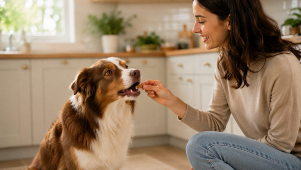 A happy Australian shepherd eagerly taking a small treat from its smiling owner's hand in a bright kitchen — representing a daily probiotic wellness routine for dogs