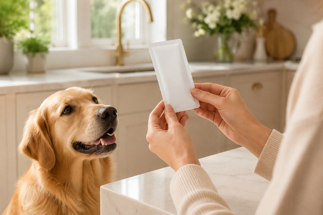 Dog owner reading a single-serve probiotic sachet label in the kitchen with their golden retriever nearby