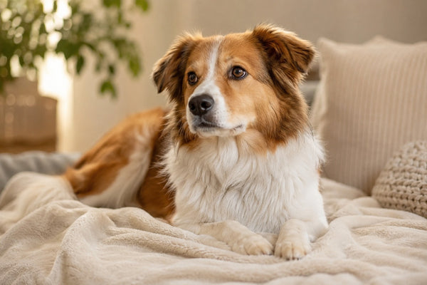 Healthy alert dog resting on a blanket
