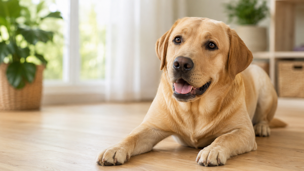 Yellow Labrador Retriever standing in a kitchen looking at the counter, capturing the breed's food-motivated nature