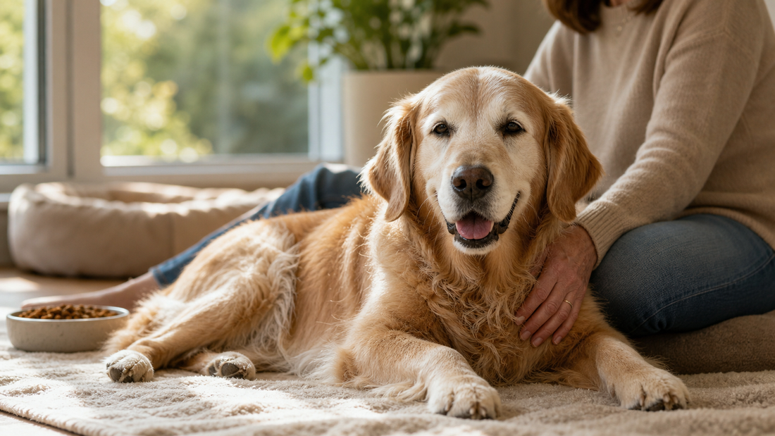 Senior dog resting comfortably beside a meal with omega 3 rich ingredients, representing omega 3 support for aging dogs