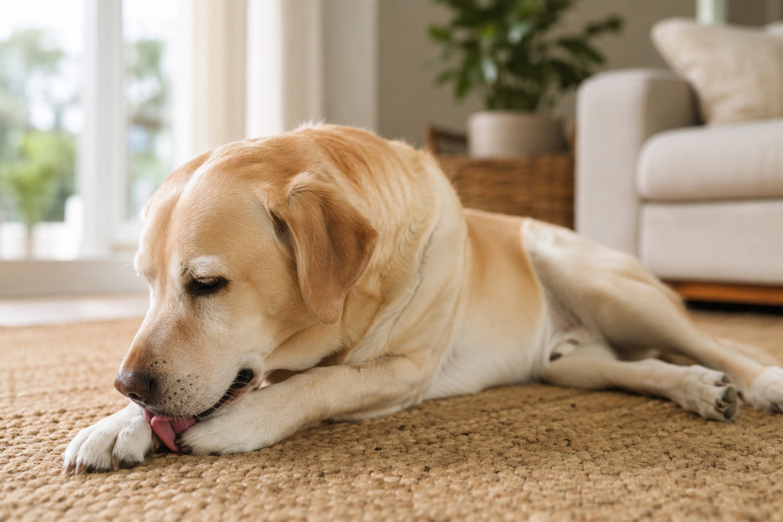 Dog gently licking its paw on a rug
