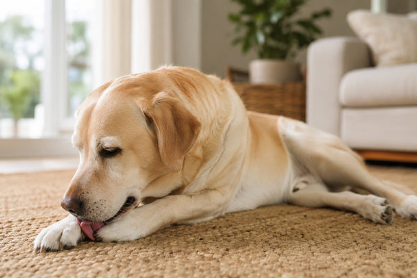 Dog gently licking its paw on a rug