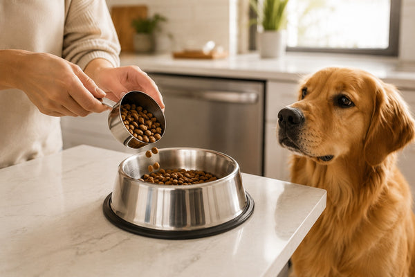 Measuring a portion of dog food into a bowl