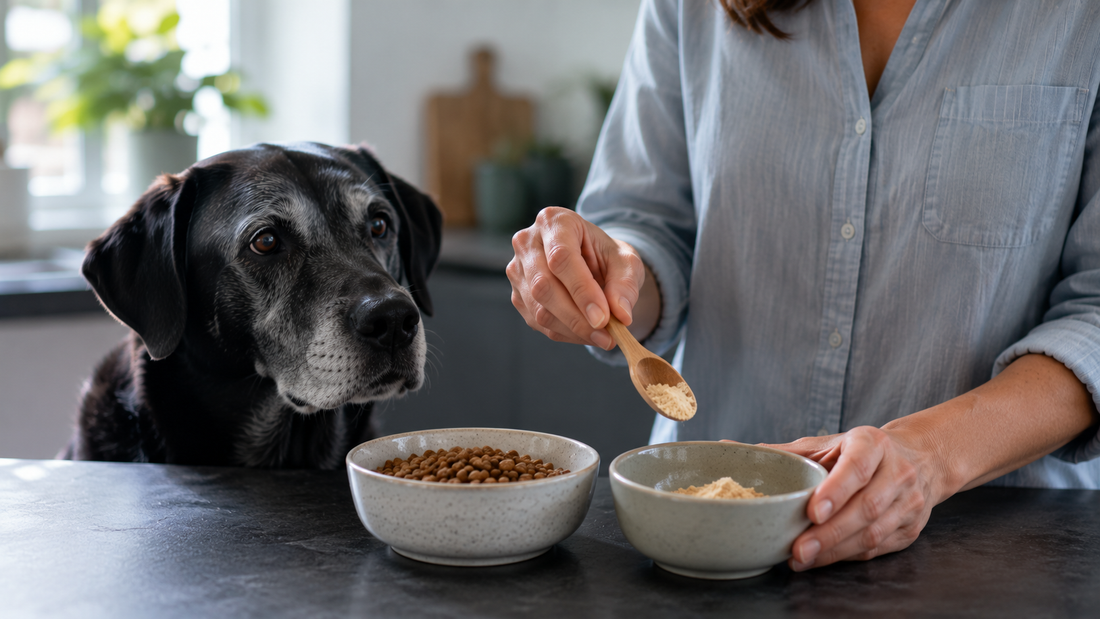 Dog waiting beside a bowl while a pet parent prepares a daily gut-support powder, representing prebiotics and probiotics for dogs