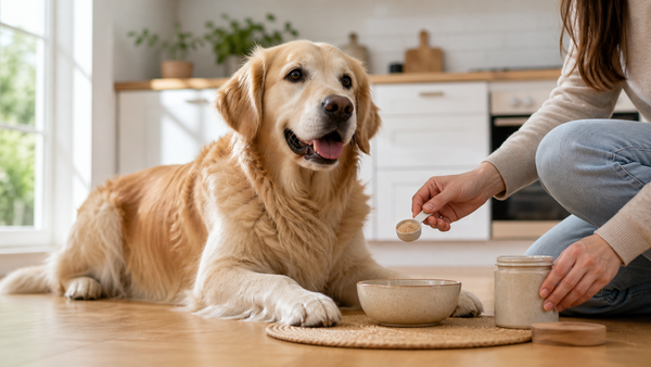 Dog waiting beside a food bowl while a pet parent prepares a daily gut-health routine, representing probiotics and postbiotics for dogs