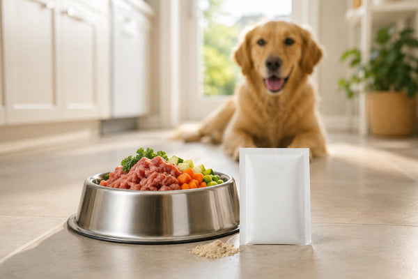 Raw dog food bowl with supplement sachet beside it