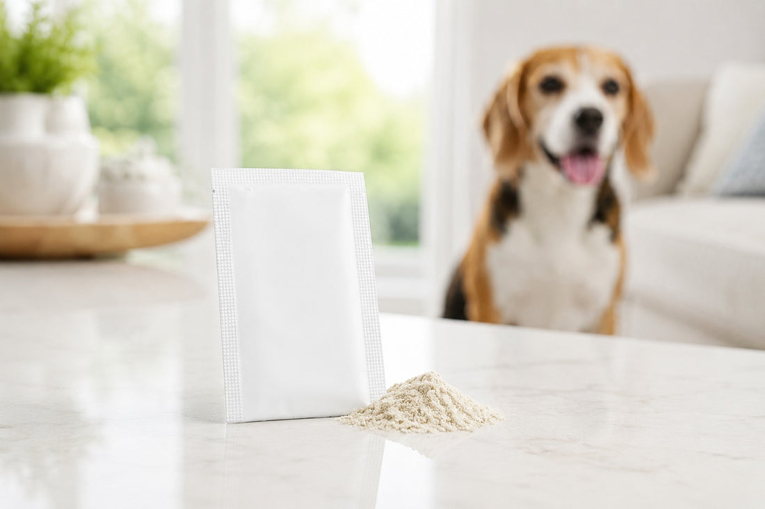 Single-serve supplement sachet and powder with beagle in background