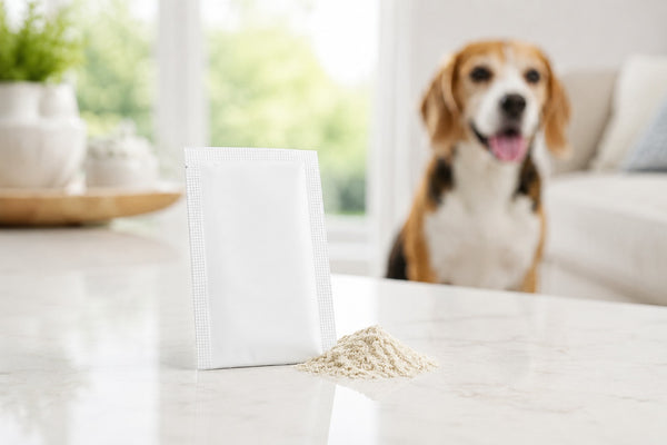 Single-serve supplement sachet and powder with beagle in background