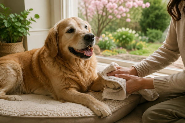 Wiping a dog's coat after a walk in spring