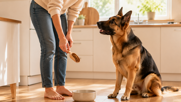 Dog being fed in a bright kitchen representing daily synbiotic and probiotic gut-support routines for dogs