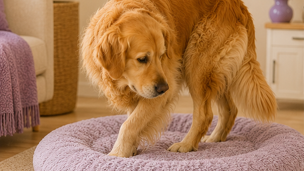 A dog circling on a dog bed before lying down, an ancient canine instinct explained