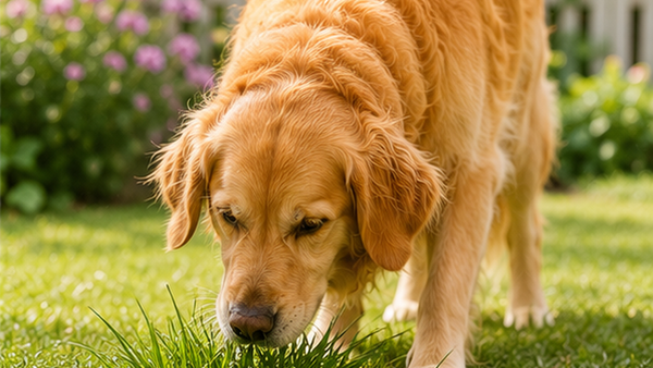 Dog eating grass in a sunny backyard showing a common behavior linked to digestive discomfort and gut health signals