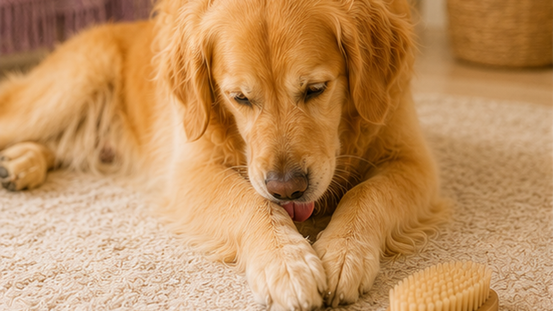 A dog licking its front paw, a common behavior linked to allergies and gut health