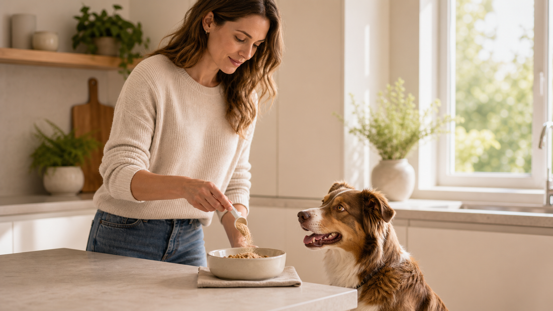 Pet parent sprinkling powder supplement over a dog bowl in a bright kitchen, representing the daily powder format for dog supplements
