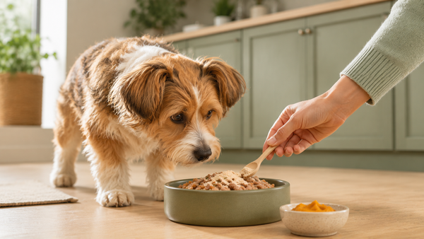Small dog watching powder supplement being mixed into food, representing picky-eater supplement tips