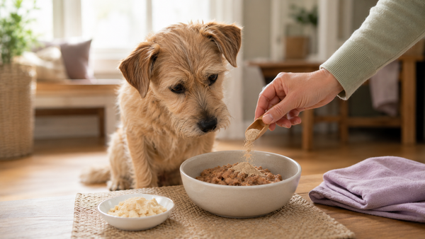 Small dog watching powder supplement being mixed into food, representing picky-eater supplement tips