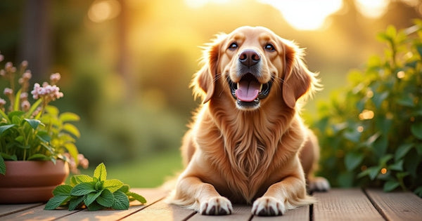 Golden retriever surrounded by herbs representing postbiotics for dog gut health