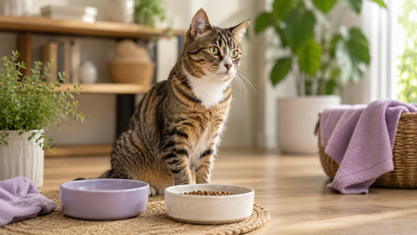 Signs of Poor Gut Health in Cats: 8 to Watch For editorial featured image with an indoor cat and clean feeding setup
