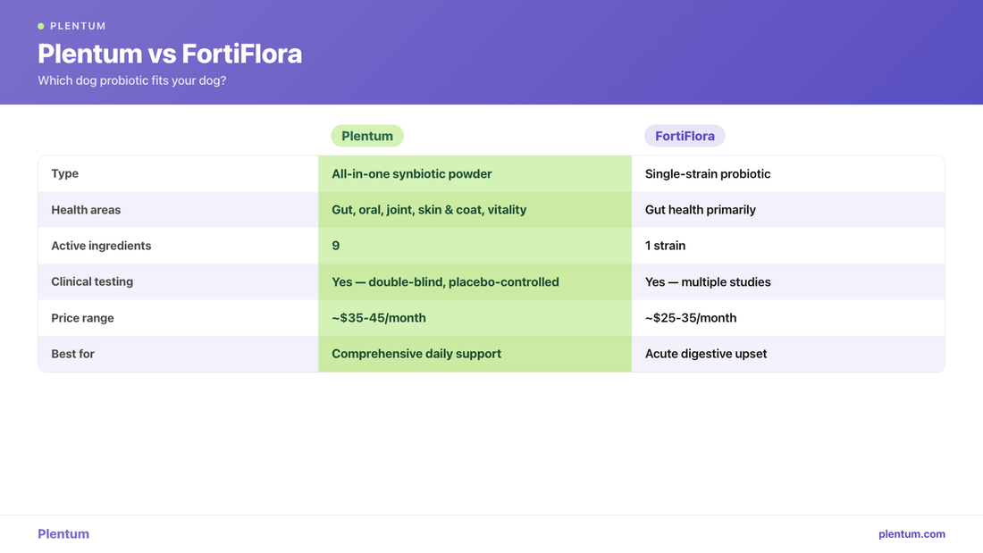Plentum vs FortiFlora comparison infographic showing Plentum as an all-in-one synbiotic powder with 9 active ingredients, double-blind placebo-controlled testing and ~$35-45 per month versus FortiFlora single-strain probiotic at ~$25-35 per month