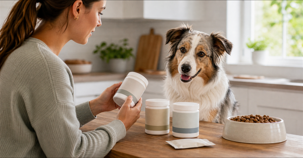 Dog parent comparing unbranded dog gut-health supplements beside a calm dog in a bright kitchen