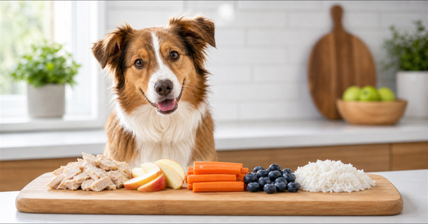 Dog in a bright kitchen with plain chicken, carrots, blueberries, apple slices, and rice as dog-safe foods