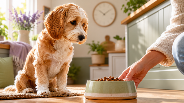 Dog eating a morning meal while a powder supplement is added nearby, representing a repeatable time for daily gut support