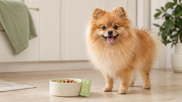 A happy, healthy Pomeranian standing beside its food bowl in a bright calm kitchen — representing postbiotics and digestive health support for dogs