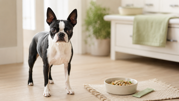 Boston Terrier standing beside its fresh meal bowl in a bright calm kitchen, illustrating postbiotics for dogs and why your dog's gut needs them