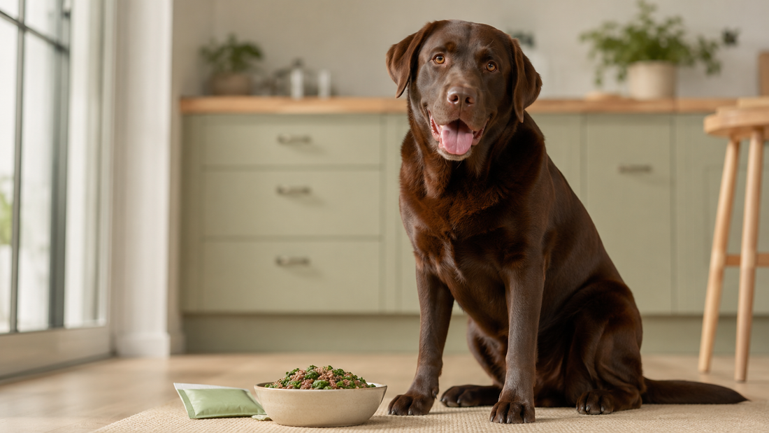 Healthy Chocolate Labrador beside a fresh meal bowl in a calm sage kitchen — postbiotics not probiotics for dogs