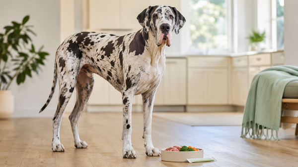 Great Dane beside a bowl of fresh food and a Plentum sachet, prebiotics for dogs