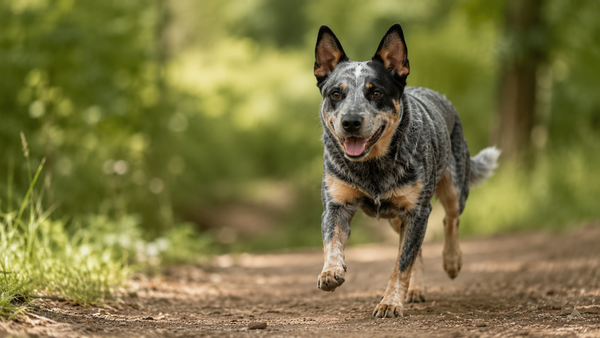 Fit, lean Australian Cattle Dog trotting athletically on a wooded path in motion — preventing canine obesity